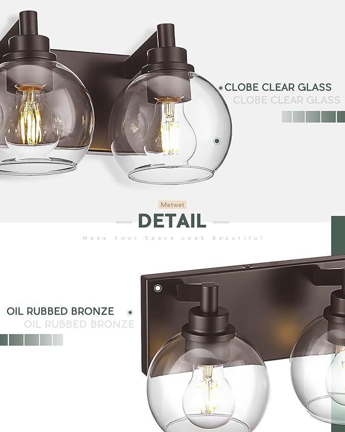 METWET Bathroom Light Fixtures Over Mirror, 4-Light Oil Rubbed Bronze Bathroom Vanity Light with Globe Clear Glass Shade, 26 Inch Modern Sconces Wall Lighting, VL195-ORB-4