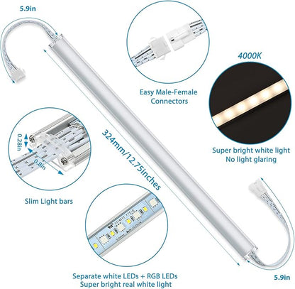 Kitchen Under Cabinet LED Light. RGBW. Color Change & Super Bright Cool White Light. Remote with Dimming. 6 LED Light Bars with Power Adapter, Extension Cable. Plug in. Easy to Install. RGB + 4000K.
