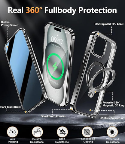 [360° Rotatable CD Stand & Built-in Privacy Screen Magnetic Case for iPhone 15 [Compatible with MagSafe & Full Signal] Mil-Grade Shockproof Full Body Anti-Spy Cover for 15-Black