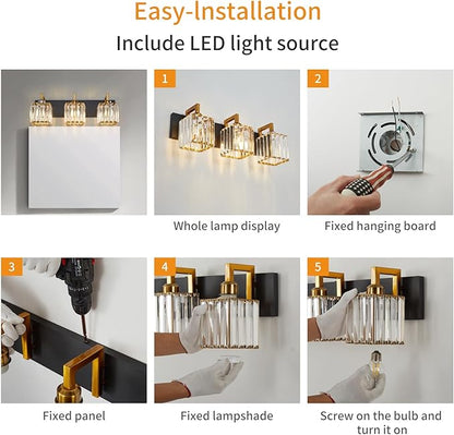 FDPBY Modern Bathroom Vanity Light 3-Lights Black Gold Crystal Wall Lamp Bathroom Modern Crystal Vanity Lighting