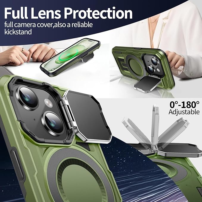 Camera Stand Case for iPhone 15 Plus, [Compatible with Mag Safe] [Lens Cover] 2024 Version Military Grade Protective Soft Case for iPhone 15 Plus 6.7 inch Men Women, Green