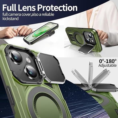 Camera Stand Case for iPhone 15 Plus, [Compatible with Mag Safe] [Lens Cover] 2024 Version Military Grade Protective Soft Case for iPhone 15 Plus 6.7 inch Men Women, Green