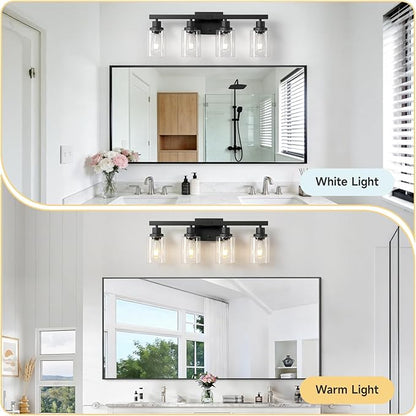 DIKAIDA Bathroom Vanity Light, 4-Light Modern Matte Black Wall Sconce Lighting with Clear Glass Shade, Bathroom Lighting Fixtures Over Mirror,Vintage Wall Mounted Lamps for Mirror Bedroom,Living Room