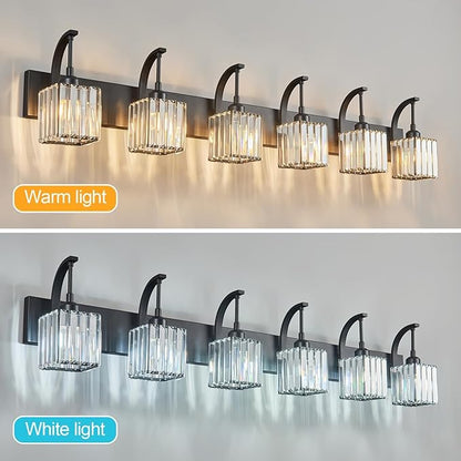 FDPBY Crystal Vanity Lights 6-Light Black Bathroom Vanity Lights Modern Crystal Bathroom Light Fixtures Over Mirror 51.18" Long Vanity Light for Bathroom