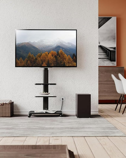 FITUEYES Rolling TV Stand with Power Outlets, Swivel Portable TV Stand for 32-70 Inch LCD LED OLED Flat/Curved Panel Screen TVs, Height Adjustable&Wood Base, Mobile TV Cart with 2 Shelves, Black