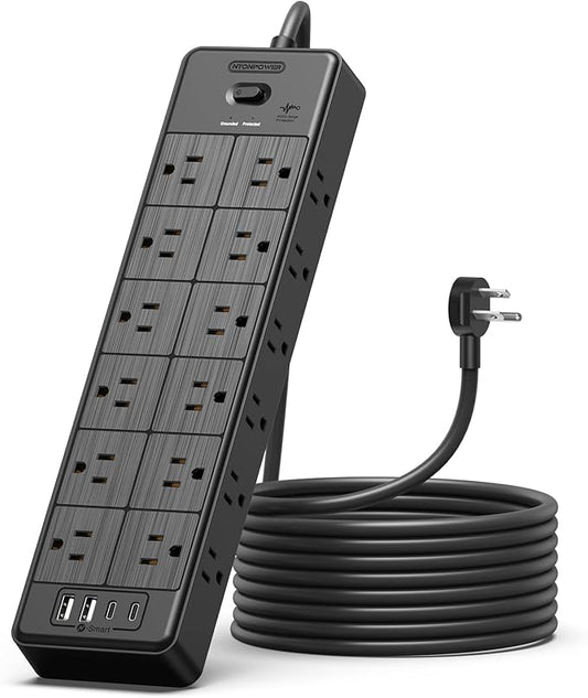 24 Widely Outlets Extension Cord 10 Ft NTONPOWER 15A/1875W Power Strips with Surge Protection 4000J,Black Extension Cord Surge Protector with 4 USB Ports(2 USB C), Wall Mount Holes for Home, Office
