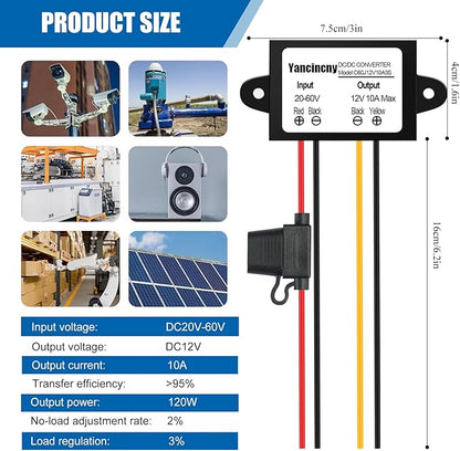 Yancincny DC 20V-60V to 12V Buck Converter 10A 120W Golf Cart 24V 36V 48V 60V Step Down to 12V Converter Voltage Regulator Reducer with Fuse Waterproofing Transformer for Golf Cart Club Car LED Lights