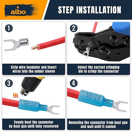 ALBO 350PCS Heat Shrink Fork Spade Connectors Kit #10 – 22-10 AWG Tinned Copper Terminals, Waterproof Wire Terminal Connector Assortment for Automotive, Marine, Speaker & Electrical Wiring