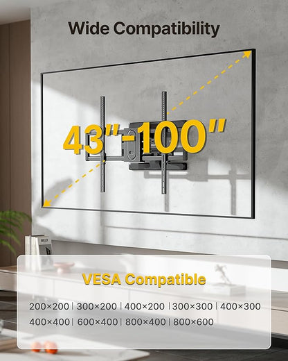 monTEK Heavy Duty Full Motion TV Wall Mount for 43–100 Inch TVs Pre-Assembled Bracket with Tool-Free Tilt Swivel & Extension Max VESA 800x600, 150lbs 4X Strength Tested Fits 16/18 Inch Studs, HW1276BK
