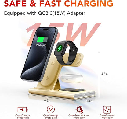 3 in 1 Charging Station for iPhone 17 - Wireless Charger for Apple Products for iPhone 17 16 15 14 13 12 11 Pro Max - Foldable Wireless Charging Station Dock Stand for iWatch Series & AirPods(Beige)