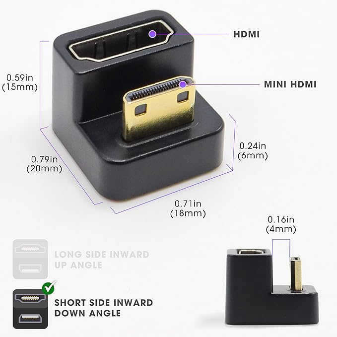 Kado 180 Degree Mini HDMI to HDMI 4K 60Hz Adapter U Shaped Mini HDMI Male to HDMI Female Extender Converter for Portable Monitor, Laptop, Tablet, Camera and Projector (Dual Combo Up Down Angle)
