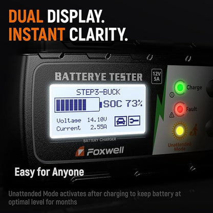 FOXWELL BC521 5A 12V Battery Charger & Tester, 4-in-1 Battery Maintainer, Trickle Charger & Starting/Charging System Tester, Smart 8-Stage Charging, Pulse Repair, Unattended Mode for Car/RV/Motorcycle