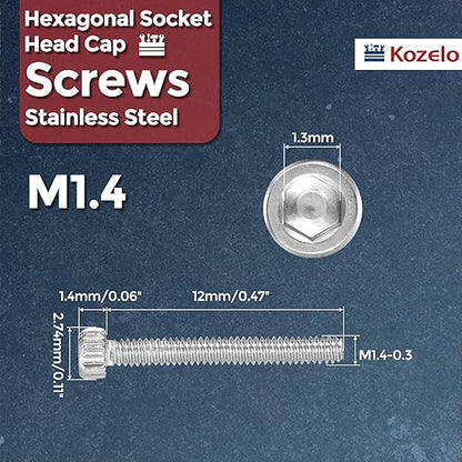 Kozelo 100pcs Socket Head Cap Screws - [M1.4-0.3 x 12mm] 304 Stainless Steel Allen Socket Drive for Electrical Motor 3D Printing Fan Engine Replacement Use, Silver