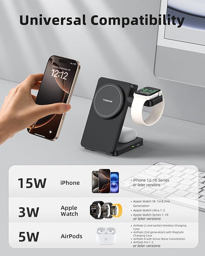 3 in 1 Charging Station for iPhone 16 15 14 13 12 Series, Wireless Charger for Apple Watch，Travel Magnetic Charging Stand for AirPods (Black)