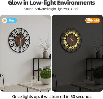 Casaformia 24'' Silent Wall Clock with Night Light, Glow in The Dark Decorative Wall Clock Battery Operated, Rustic Modern Metal & Wood Clocks for Bedroom Living Room Decor, Arabic Numerals