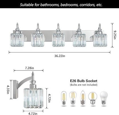BBLLWJ Crystal Vanity Lights Chrome 5 Light Bathroom Light Fixtures Over Mirror Modern Vanity Light for Bathroom