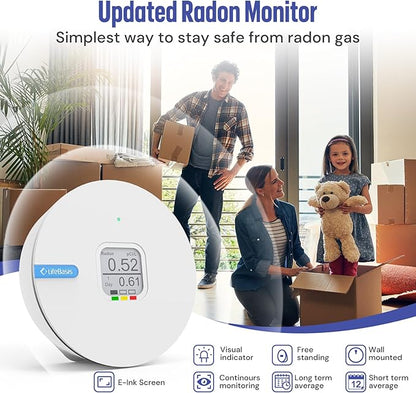 LifeBasis Radon Detector for Home, Portable E-Ink Display Radon Meter with Short & Long Term Monitoring of Radon Levels, Visual Alarm, Switchable Mesurement Unit Bq/m3 or pCi/L, Battery-Powered