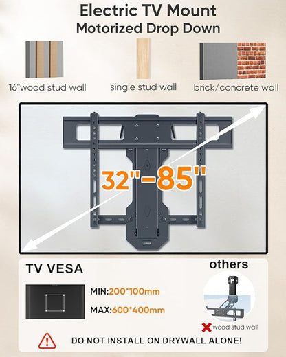 WHYFONE Motorized TV Mount with Remote for 32 to 85 inch Screen up to 88 lbs, Electric TV Mount Drop Down 17.7” Height-Adjustable on Fireplace, Max VESA 600x400mm, 8-16" Wood Stud/Brick/Concrete Wall