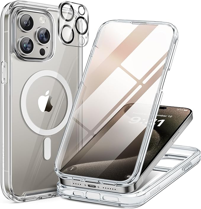 Miracase Magnetic for iPhone 15 Pro Case Full-Body Bumper Phone case with Built-in Glass Screen Protector& Camera Protector, [Compatible with MagSafe] Military Drop Proof 15 Pro Cover 6.1 inch,Clear