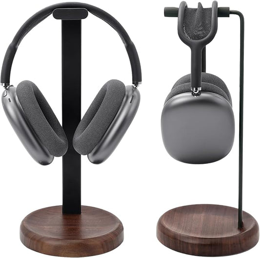 GEVO Headphone Stand for Desk - Walnut Wood & Aluminum Headset Stand, Universal Wooden Gaming Headphone Holder for AirPod Max, Bose, Sony, Razer, Jabra, JBL (Walnut Circular Base)