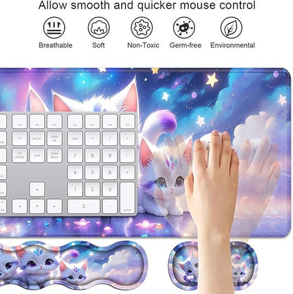 4 in 1 Ergonomic Keyboard Wrist Rest & Mouse Pad Wrist Rest Set, Large XXL Gaming Desk Mat 31.5"x 11.8" with Non-Slip Base, Memory Foam for Home Office Study Gaming, Cute Cat