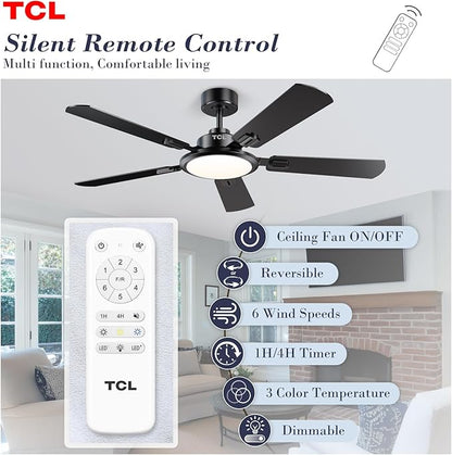 TCL Ceiling Fans with Lights, 52 Inch Ceiling Fan with Light and Remote Control, Reversible DC Motor, Noiseless, Dimmable 36W LED, Modern Ceiling Fan for Bedroom Living Room (Black)