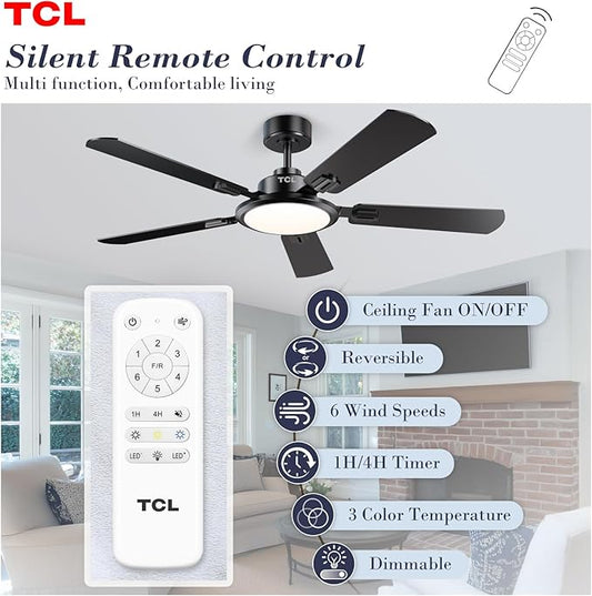 TCL Ceiling Fans with Lights, 52 Inch Ceiling Fan with Light and Remote Control, Reversible DC Motor, Noiseless, Dimmable 36W LED, Modern Ceiling Fan for Bedroom Living Room (Black)