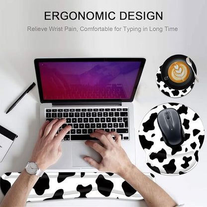 Keyboard Wrist Rest and Mouse Pad Wrist Support Set with Coasters,Non-Slip PU Base Ergonomic Gaming Mousepad for Home Office Working Studying Easy Typing & Pain Relief,Cute Cow Print