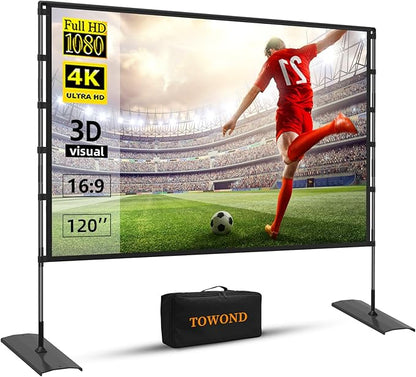 TOWOND Projector Screen and Stand, 120 inch Outdoor Projector Screen Indoor, Portable Movie Screen 16:9 4K Front Rear Projection Screen with Carry Bag Wrinkle-Free Design for Home Backyard Theater