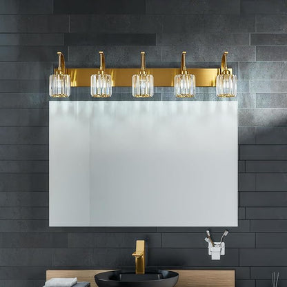 FDPBY 5-Light Crystal Vanity Light, Modern Gold Bathroom Wall Sconce with K9 Crystal Shades, 42.51" Long Over Mirror Lighting for Vanity, Makeup, Hallway, Elegant & Easy Installation