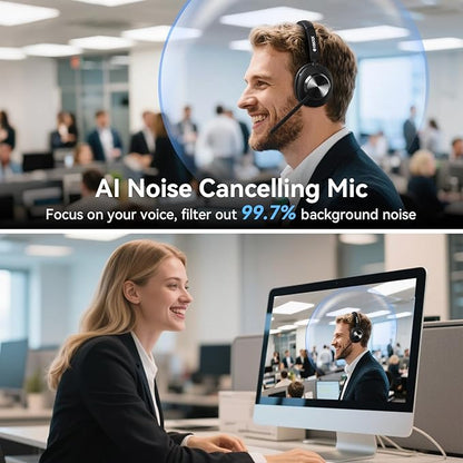 Wireless Headset with Mic, Wireless Work Headset with Mic Noise Cancelling & Mute Button (with Bluetooth V5.3, USB Dongle) for PC Computer Laptop Cell Phones Remote Work Home Office Call Center Zoom