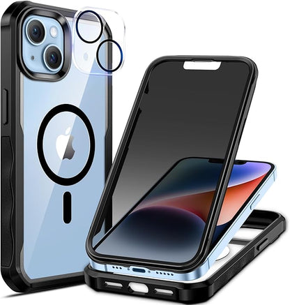 seacosmo for iPhone 14 Case, Full Body Bumper with Built-in 9H Tempered Glass Privacy Screen Protector and Camera Lens Protector, Compatible with MagSafe, Shockproof Phone Cover, 6.1", Black