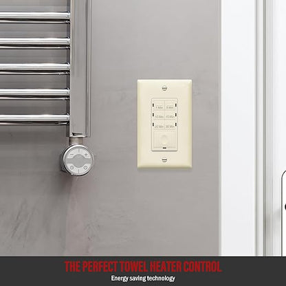 ENERLITES 30-Minute Countdown Timer Switch, 1-5-10-15-20-30 Min, for Bathroom Fans, Heaters, Lights, LED Indicator, 120VAC 800W, No Neutral Wire Required, UL Listed, HET06A-J-LA, Light Almond