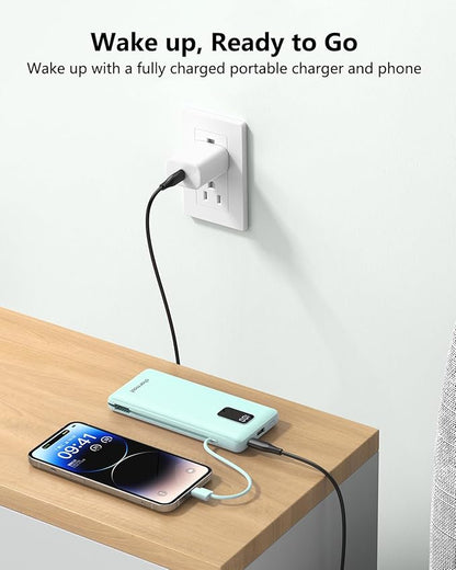 charmast Portable Charger with Built-in Cables and Plug, 10000mAh USB C Power Bank Fast Charging, External Battery Pack Slim, Travel Essentials Compatible with iPhones, Samsung Galaxy, iPad