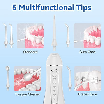 Cordless Portable Water Flosser with 300ML Tank: Rechargeable Oral Irrigator with 5 Tips for Travel, Braces Care and Sensitive Gums, IPX7 Waterproof Teeth Cleaning Device(White)