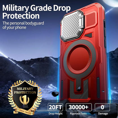 Camera Stand Case for iPhone 13/14, [Compatible with MagSafe] [Lens Cover] 2024 Version Military Grade Protective Soft Case for iPhone 13/14 6.1 inch Men Women, Red