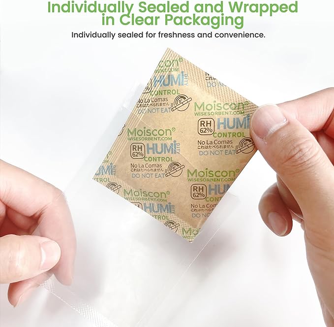 Wisesorb 62% Size 8 Two-Way Humidity Control Packs, 105 Pack 8 Gram for Storing 1 oz, Moisture Control Packets Individually Wrapped
