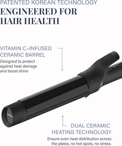GLAMPALM Professional Curling Iron 1.6" - Long Barrel Ceramic Hair Curler for Women, Korea's No.1 Salon Hot Tool, 5 Temps & 30s Heat-up, 3D Swivel Cord & Dual Voltage, Black (GP628) (1.6")
