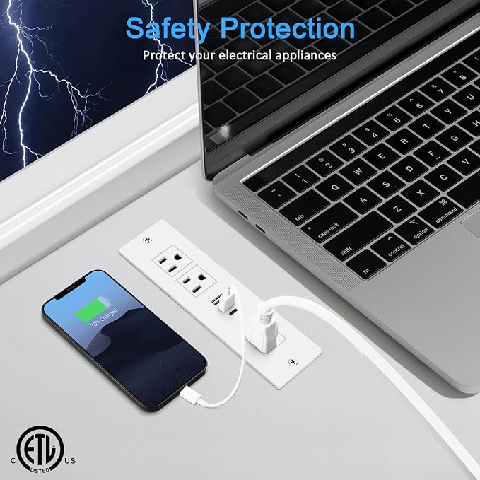 HEZI Recessed Power Strip, Furniture Drawer Outlet with 20W PD USB-C & 18W QC3.0 USB-A, Plug in 3 Outlets & USB Ports, Flush Mount 6FT White Extension Cord Conference Desk Outlets