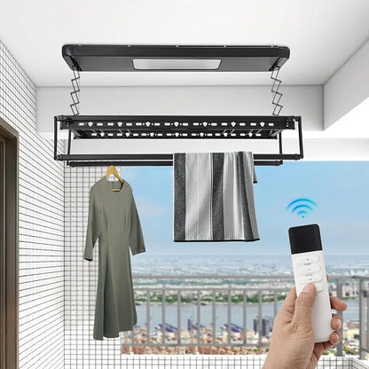 banborba Electric Retractable Airing Rack, Ceiling Mounted Clothes Drying Rack, Retractable Clothesline, Vertical Laundry Drying Rod with LED Light & Remote, 110V 24W, Black