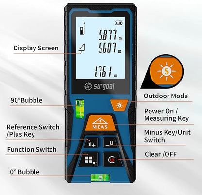 Laser Distance Meter 328ft – Digital Laser Measuring Tool with LCD Backlit Display, Area Volume Pythagorean, ±2mm Accuracy, Class II, Electronic Tape Measure for DIY Construction – AAA Battery Powered