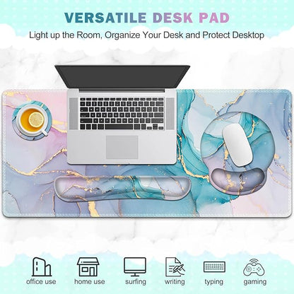 ToLuLu Desk Mat, XXL Large Mouse Pad Wrist Support Set，4 in1 Gaming Mousepad Desk Pad+ Ergonomic Mouse Pad with Wrist Rest + Keyboard Wrist Rest+Coaster for Home Office Computer, Blue Glitter Marble