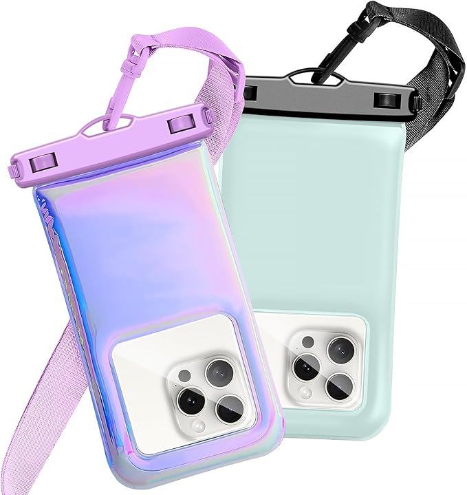 Floatable Waterproof Phone Pouch Case for iPhone 16 Pro Max/15/14/13/1, IP68 Travel Cellphone Dry Bag Beach Cruise Ship Essentials Bags with Crossbody Lanyard, Iridescent Purple and Blue B-7″