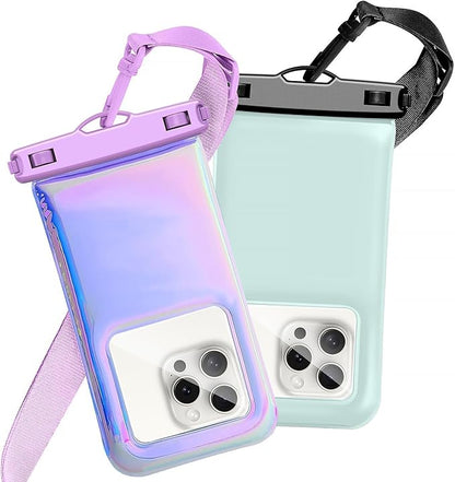 Floatable Waterproof Phone Pouch Case for iPhone 16 Pro Max/15/14/13/1, IP68 Travel Cellphone Dry Bag Beach Cruise Ship Essentials Bags with Crossbody Lanyard, Iridescent Purple and Blue B-7″