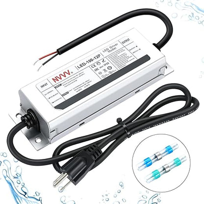 12V LED Driver 100W Waterproof IP68 Power Supply Low Voltage Transformer Adapter AC 100V-120V to 12V DC Converter for LED Lights for Bedroom, Indoor Outdoor Lighting Built-in Active PFC Function