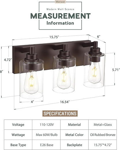 METWET 3-Light Bathroom Light Fixtures, Modern Vanity Light with Cylinder Clear Glass Shade, Vanity Lighting Fixtures Over Mirror, Oil Rubbed Bronze, VL143-ORB-3
