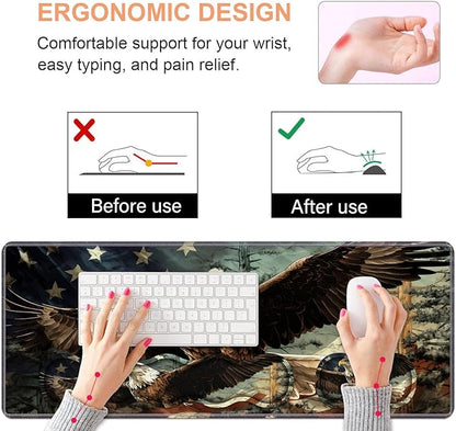 Ergonomic Keyboard Wrist Rest & Mouse Pad Wrist Rest Set,Large Gaming Desk Mat 31.5"x 11.8" with Non-Slip Base,Memory Foam,Easy Typing Pain Relief for Home & Office,Patriotic American Flag Bald Eagle