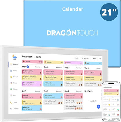 Dragon Touch 21.5 inch Digital Calendar Chore Chart – Interactive Touchscreen, Smart Family Planner, Hearth Display Desk Digital Calendar Seamless Scheduling
