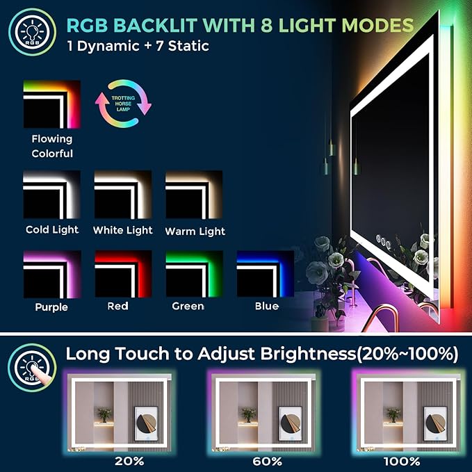 YEELAIT 55x40 Inch RGB LED Bathroom Mirror Front Light and RGB Backlit Lighted Vanity Mirror for Bathroom Wall Mounted Dimmable Anti Fog Memory Shatter-Proof IP54 Waterproof Horizontal/Vertical