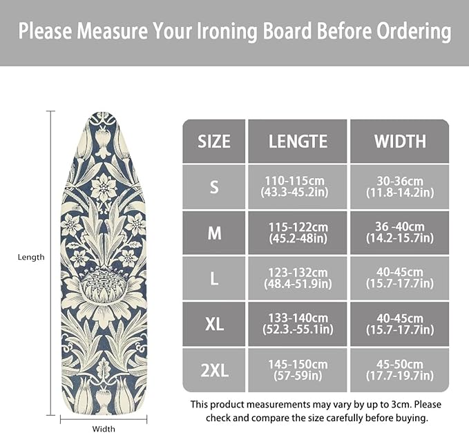 ZCFYGDX William Morris Art Floral Ironing Board Cover Decor, Resist Scorching & Staining, Easy Install Resistant Elastic Edges,3 Nylon Buckle Fasteners Straps,Relaxing Breathable Ironing Experience M